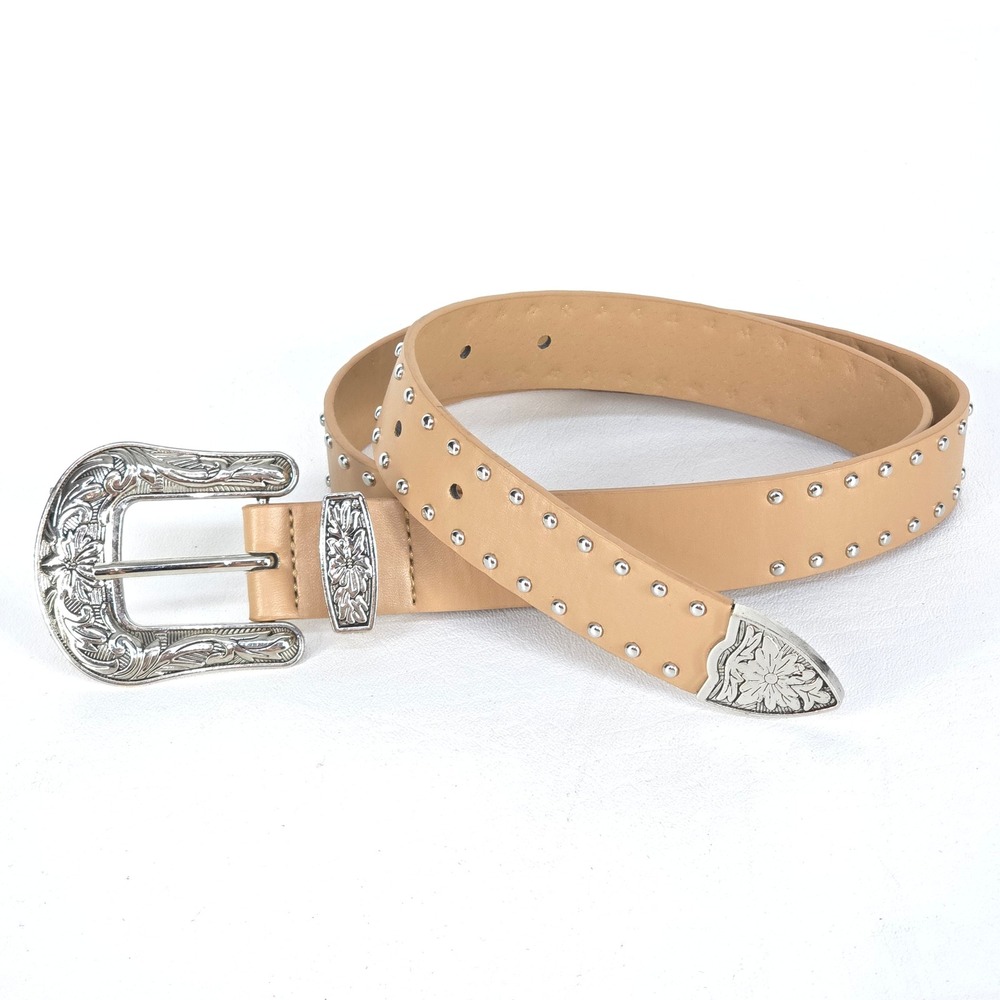 Western Belt Silver Floral Buckle Women's 36" Tan Studded Leather Cowgirl Style